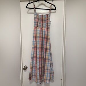 Old Navy Fit & Flare Cotton-Poplin Smocked Cutout Cami Midi Dress - pink plaid M